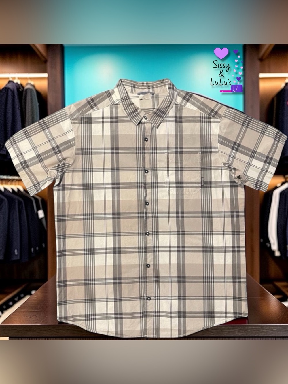 Columbia Men's Plaid Button-Up Shirt Beige Gray Short Sleeve Outdoor XL